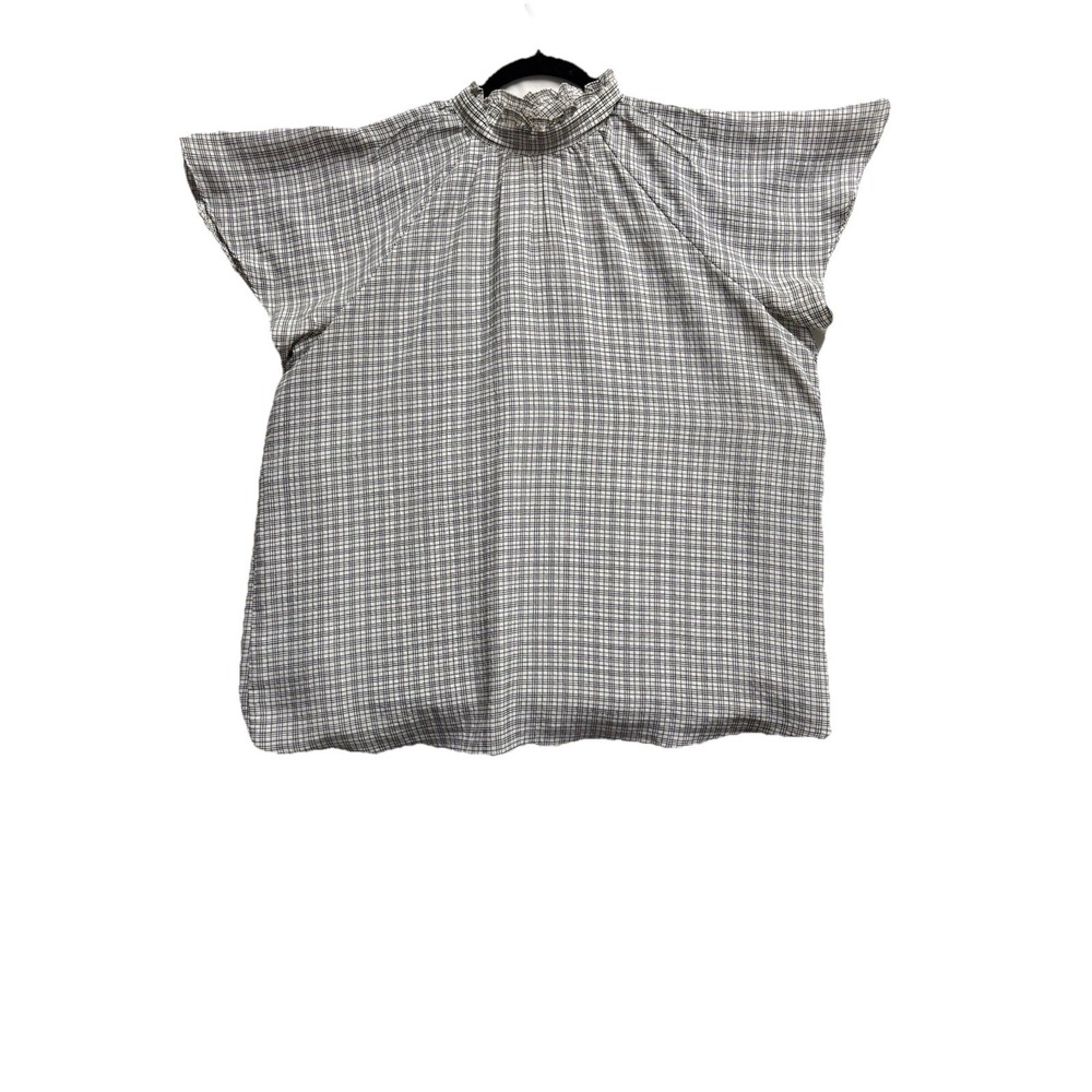 Ann Taylor Women's Black White‎ Grid Check Smocked Neck Flutter Sleeve Blouse
